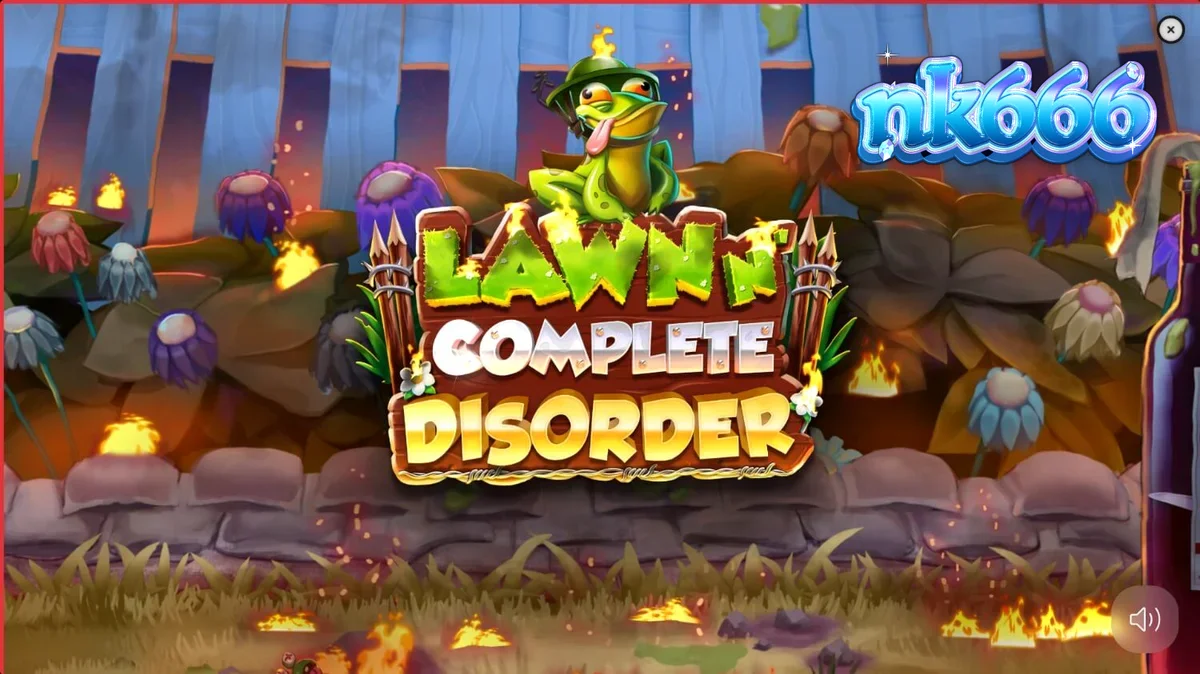 Tampilan visual slot Lawn N’ Complete Disorder dengan tema gnome di taman yang terbakar